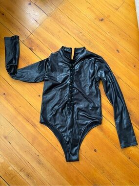 Black Lace-Up Faux Leather One-Piece Bodysuit
